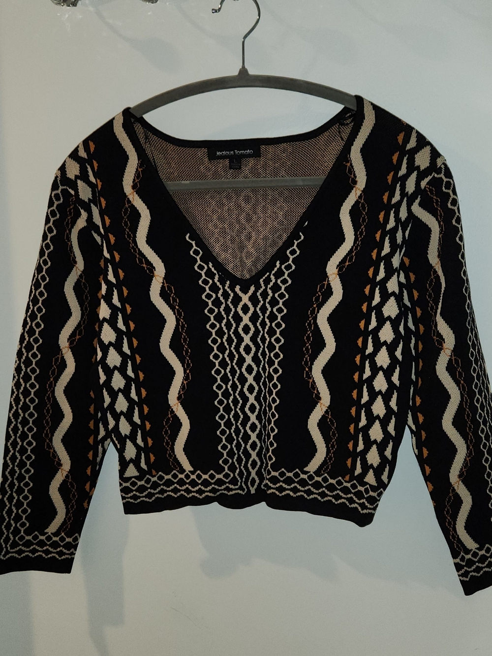Jealous Tomato Black V-Neck Sweater with Cream & Brown Pattern